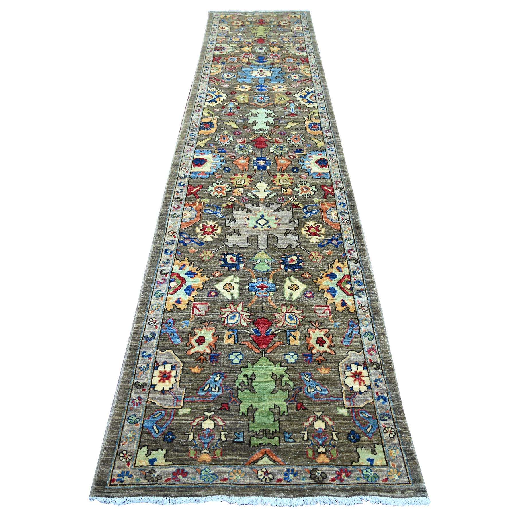 3'x13'8" Coffee Brown, Heriz All Over Design, Aryana Collection, Vegetable Dyes, Hand Knotted, Soft Pile, High Mountain Wool, Densely Woven, Runner, Oriental Rug 
